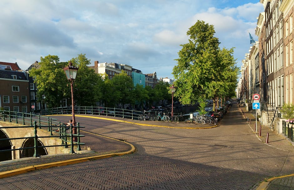 Photograph of a street scene in Holland Park, showing a tree-lined, cobbled road with a gentle curve. Several bicycles are parked along the sidewalk near a lush green tree situated in the middle of a small parking area. To the right, a row of multi-storey terraced houses with brick facades and large windows is visible, with steps leading up to their entrances. On the left side, there is a small bridge over a narrow canal, with a black metal railing and a traditional street lamp mounted on a post, casting shadows onto the cobblestone pavement. The sky is partly cloudy, with patches of blue sky visible, and the overall scene suggests a quiet residential area. The nature of the environment points to an urban setting suitable for home relocation and furniture transport, with a focus on quiet, accessible streets used during moving or packing and moving processes. The image is associated with services provided by Man With a Van Holland Park, which specialises in removals and related logistics.