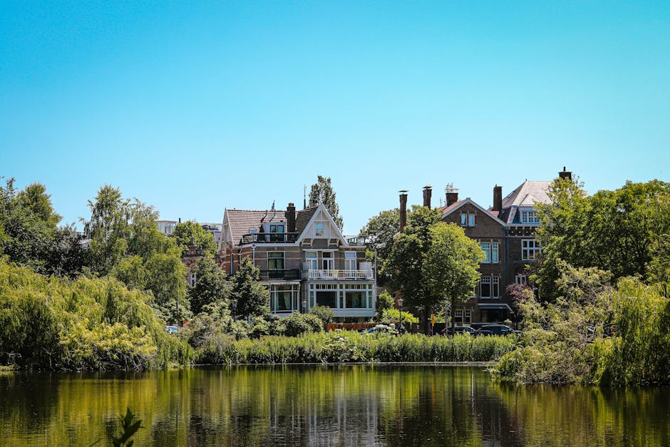 A row of large, multi-story houses with varied architectural styles, including pitched roofs, large windows, and balconies, are visible in the background amidst green trees and shrubs. The properties are situated on a residential street along a body of water, likely a river or canal, with lush vegetation along the bank. The scene is illuminated by bright, clear daylight, suggesting a sunny day. The environment appears calm and well-maintained, typical of a desirable London neighbourhood such as Holland Park. This setting exemplifies a typical scene where house removals and furniture transport services, like those offered by Man With a Van Holland Park, operate during home relocations, involving the careful packing, moving, and loading of household items from these elegant residences.