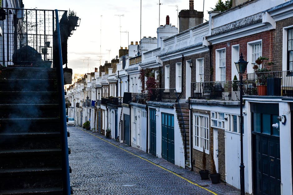 A row of large, multi-story houses with varied architectural styles, including pitched roofs, large windows, and balconies, are visible in the background amidst green trees and shrubs. The properties are situated on a residential street along a body of water, likely a river or canal, with lush vegetation along the bank. The scene is illuminated by bright, clear daylight, suggesting a sunny day. The environment appears calm and well-maintained, typical of a desirable London neighbourhood such as Holland Park. This setting exemplifies a typical scene where house removals and furniture transport services, like those offered by Man With a Van Holland Park, operate during home relocations, involving the careful packing, moving, and loading of household items from these elegant residences.