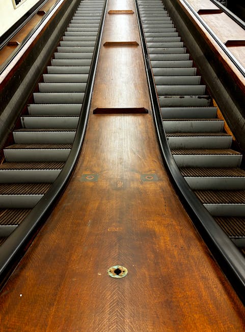 A wooden moving trolley with curved black metal rails and rubber treads is positioned on a staircase, designed for furniture transport during home relocation. The trolley features a smooth, polished wooden surface with small, evenly spaced holes at the front, and is supported by a set of black rubber wheels on each side. The staircase is indoors, with a wooden handrail and carpeted steps visible on either side, leading up to a landing area. The environment is well-lit, highlighting the clean and professional setup used by furniture moving specialists such as Man With a Van Holland Park during packing and loading processes, especially for house removals in the Holland Park area.