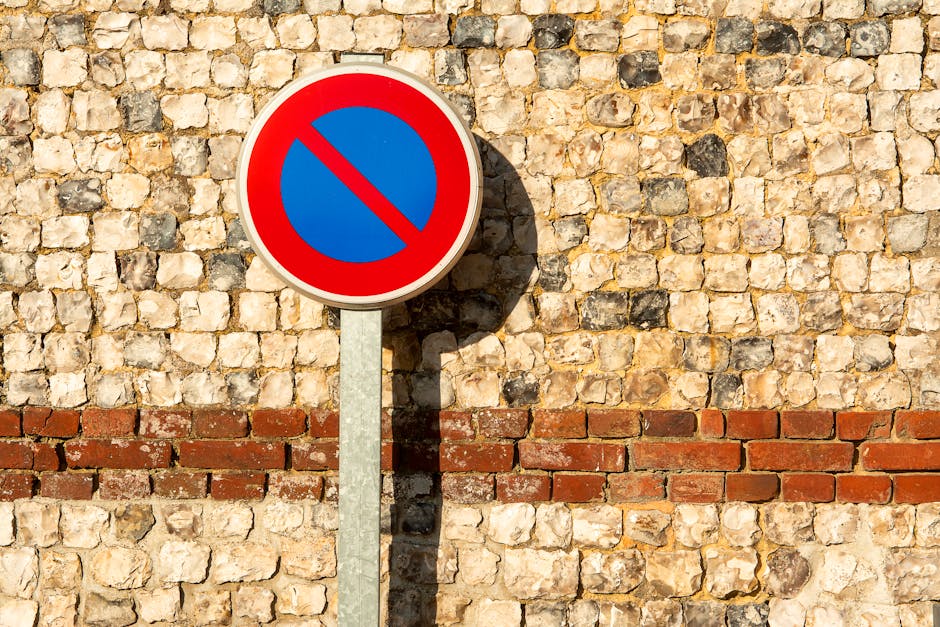 A round no parking traffic sign with a red border and blue background featuring a red diagonal line, mounted on a metal pole casting a shadow on an exterior brick wall. The brick wall has a decorative horizontal band of red bricks near the bottom, with the upper section composed of irregularly shaped stones and lighter-colored mortar, reflecting a traditional UK street scene. This signage is positioned in an area designated for house removals in W8, Holland Park, and is part of the parking restrictions outlined by Kensington and Chelsea council. The image captures a typical setting where residents or professional moving services, such as those provided by Man With a Van Holland Park, must adhere to parking and loading regulations during object lifting and furniture transport operations involved in home relocation. The natural lighting emphasizes the textured masonry, supporting the context of loading and unloading activities in a residential area.